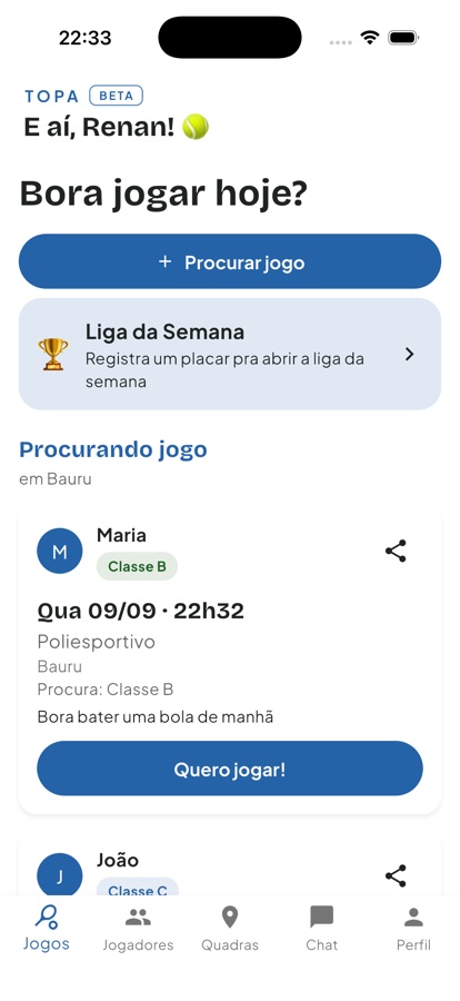Tela inicial do Topa: Bora jogar hoje?, com o botão Procurar jogo e o mural da cidade