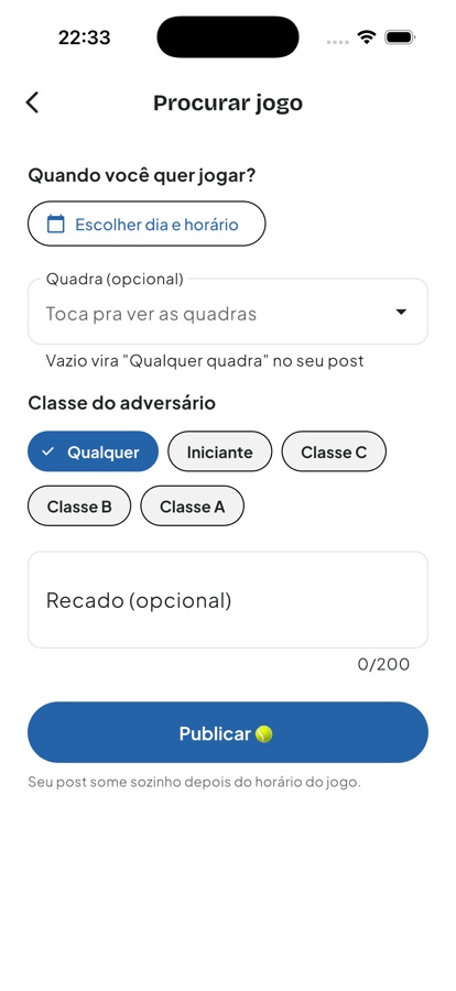 Formulário Procurar jogo, com data, horário e quadra