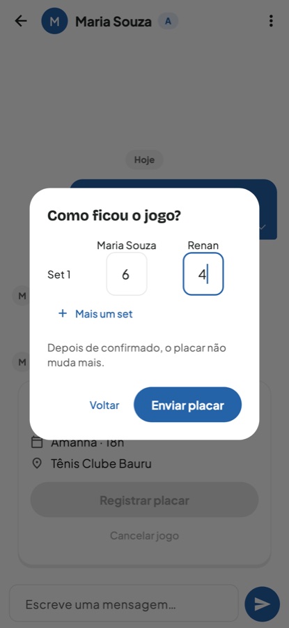 Registro do placar, set a set, esperando a confirmação do adversário